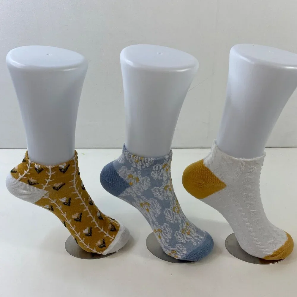 Womens Ankle Socks Set Of 3 Daisy Honeycomb Cable Knit Yellow Blue White